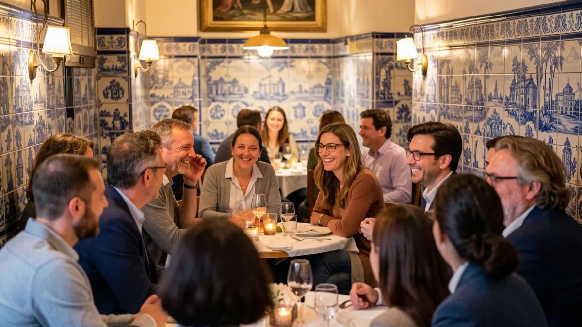 Imagem genérica de um grupo de ex-alunos a conversar num restaurante português com azulejos tradicionais.