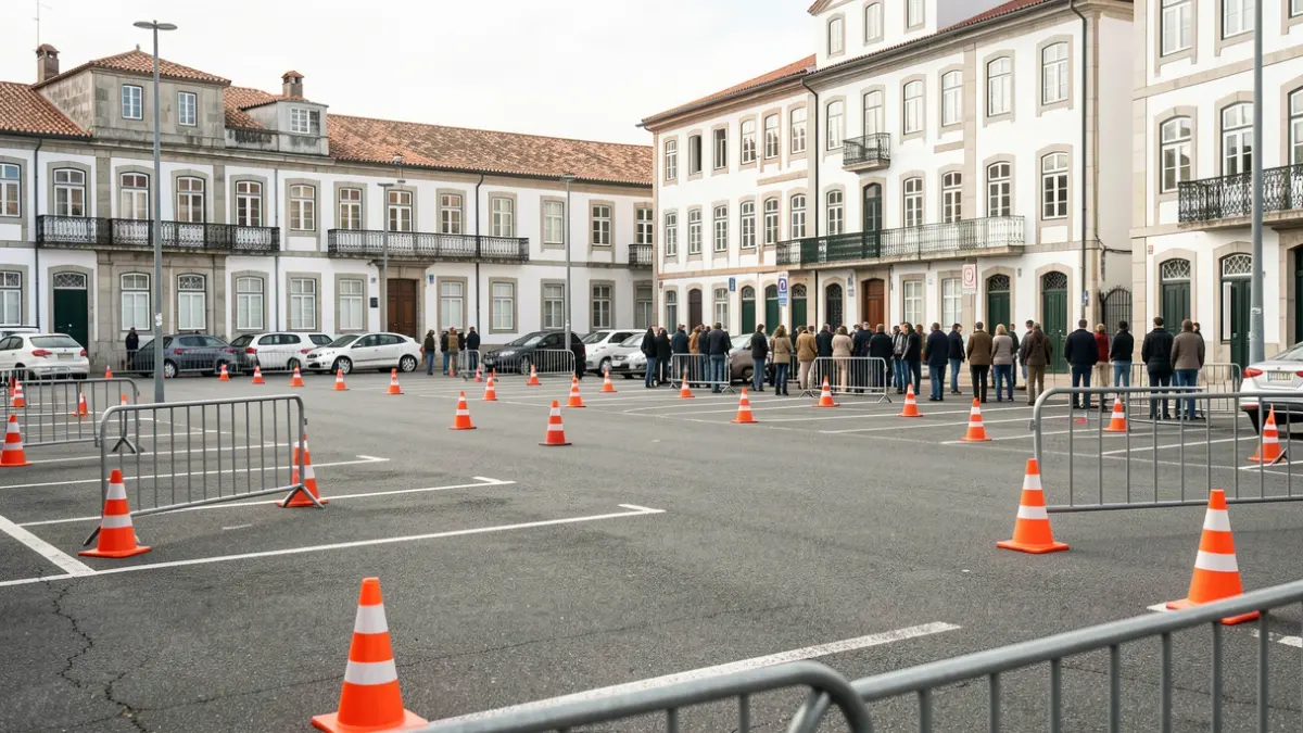 Imagem genérica de um parque de estacionamento de hospital com barreiras e cones, indicando constrangimentos de trânsito.
