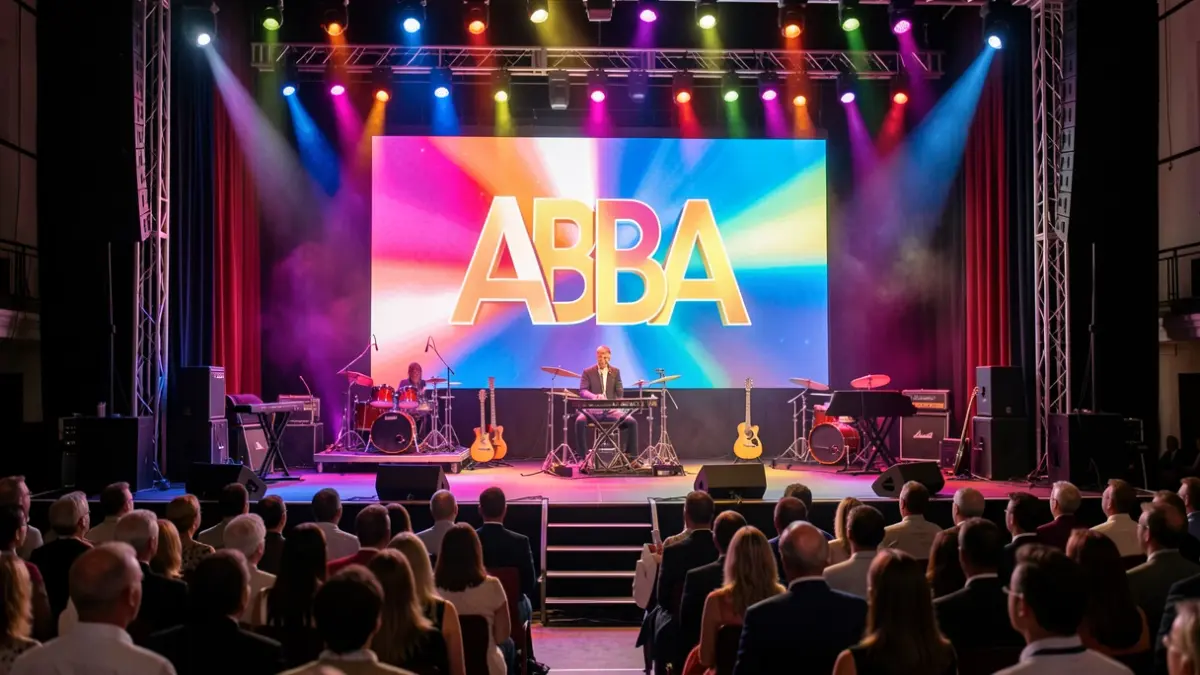 Imagen genérica de un escenario con instrumentos musicales y una pantalla con el logo de ABBA, sugiriendo un concierto de tributo.