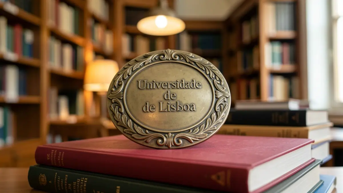 University of Lisbon Award medal on academic books, with a library background.
