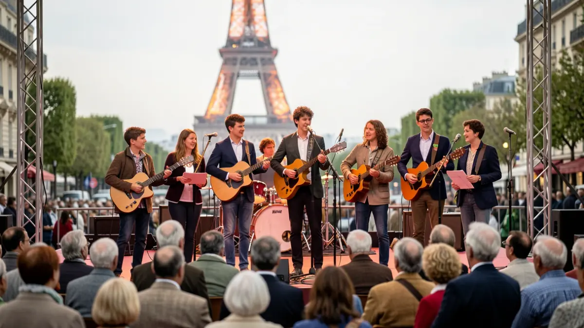 Imagen de jóvenes músicos portugueses actuando en París, con la Torre Eiffel al fondo.