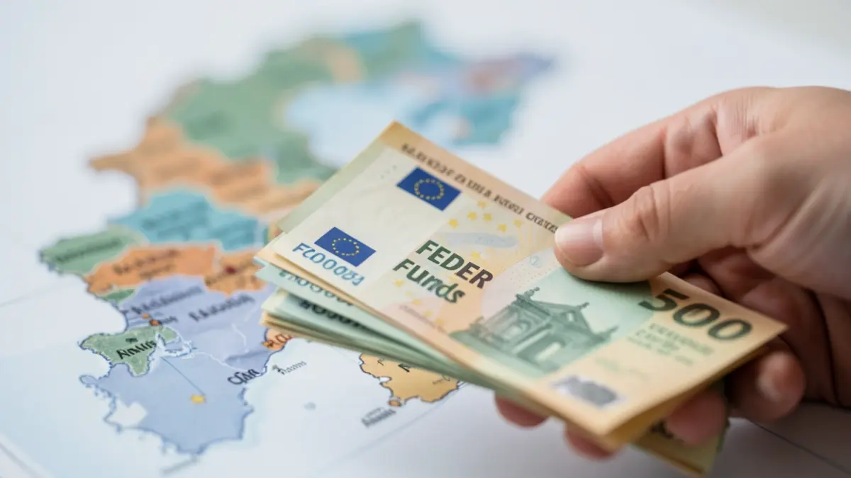 Close-up of European Union FEDER funds being counted, with blurred Azores islands map in the background.