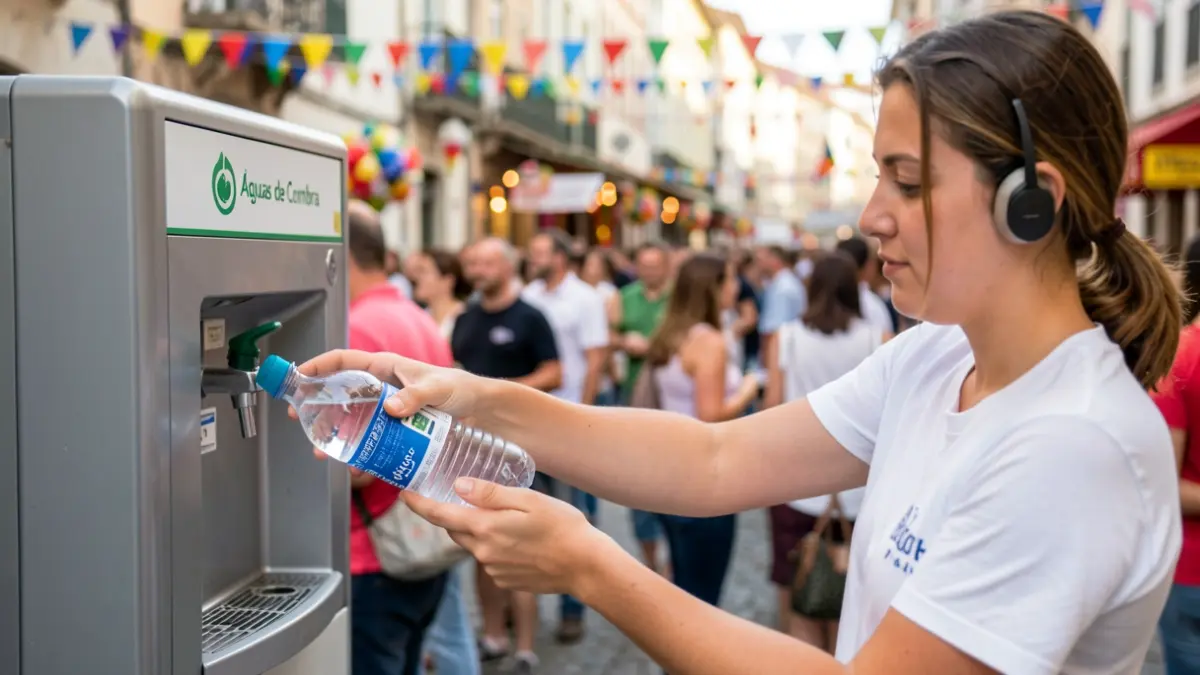 Imagem de um estudante a encher uma garrafa reutilizável num ponto de água durante a Festa das Latas em Coimbra.