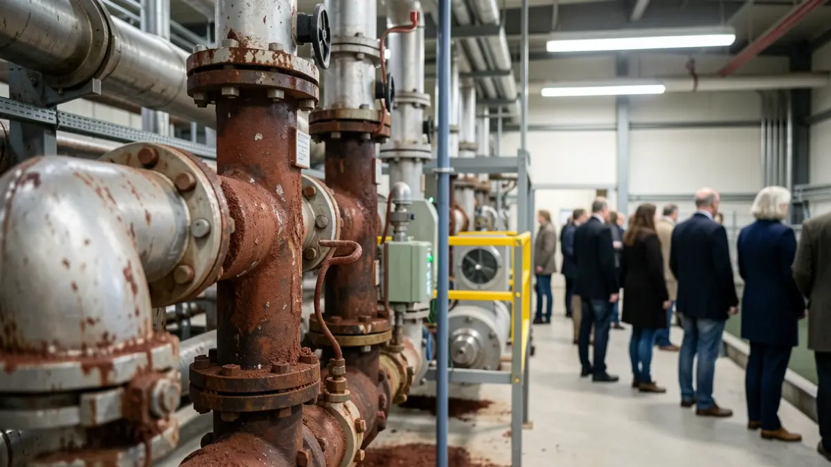 Imagen de equipo industrial en una planta de tratamiento de agua, enfocándose en residuos de hierro y recuperación de recursos.