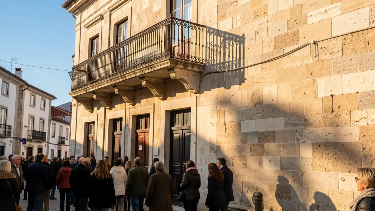 Stone facade of a municipal building with an ornate balcony and iron railings, under warm afternoon sunlight.