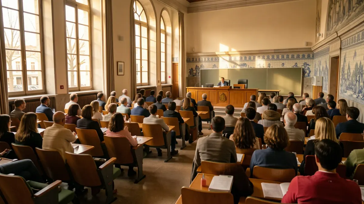 Sala de conferências numa universidade portuguesa com assentos vazios e luz de fim de tarde.