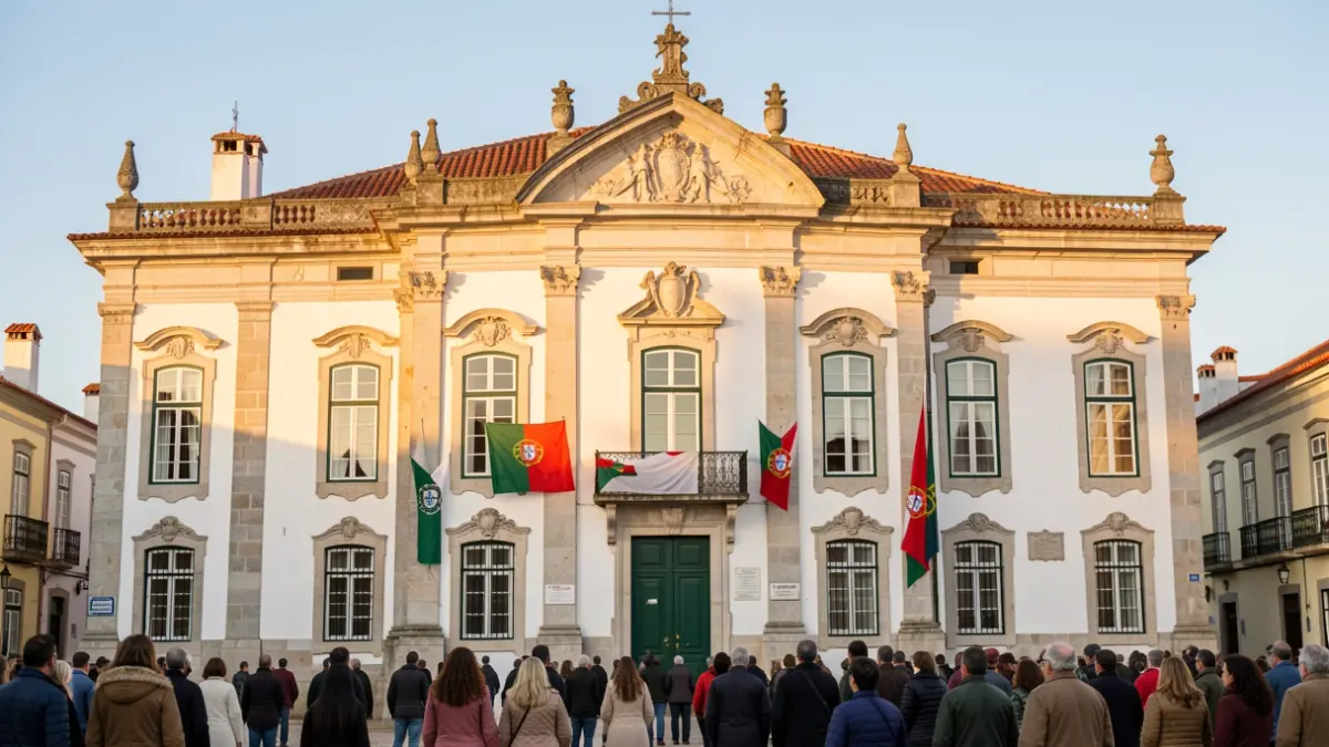 Fachada de la Casa de los Patudos en Alpiarça, un lugar histórico vinculado a las conmemoraciones de la Implantación de la República Portuguesa.
