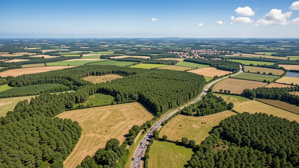 Vista aérea de uma paisagem rural no Alto Tâmega e Barroso, com florestas, campos e uma estrada.