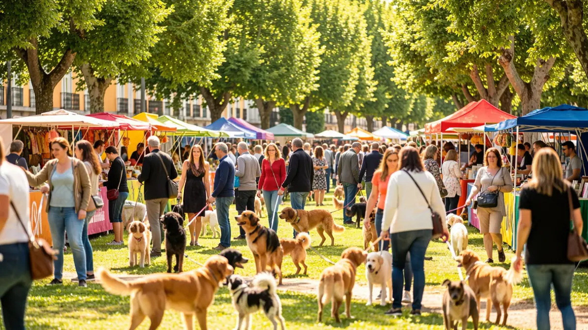 Imagem genérica de um evento de animais de companhia num parque português, com pessoas e cães a interagir.