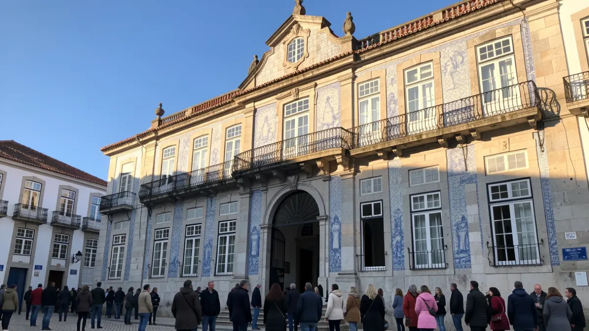 Facade of a Portuguese municipal building with ornate balconies and a blue sky.