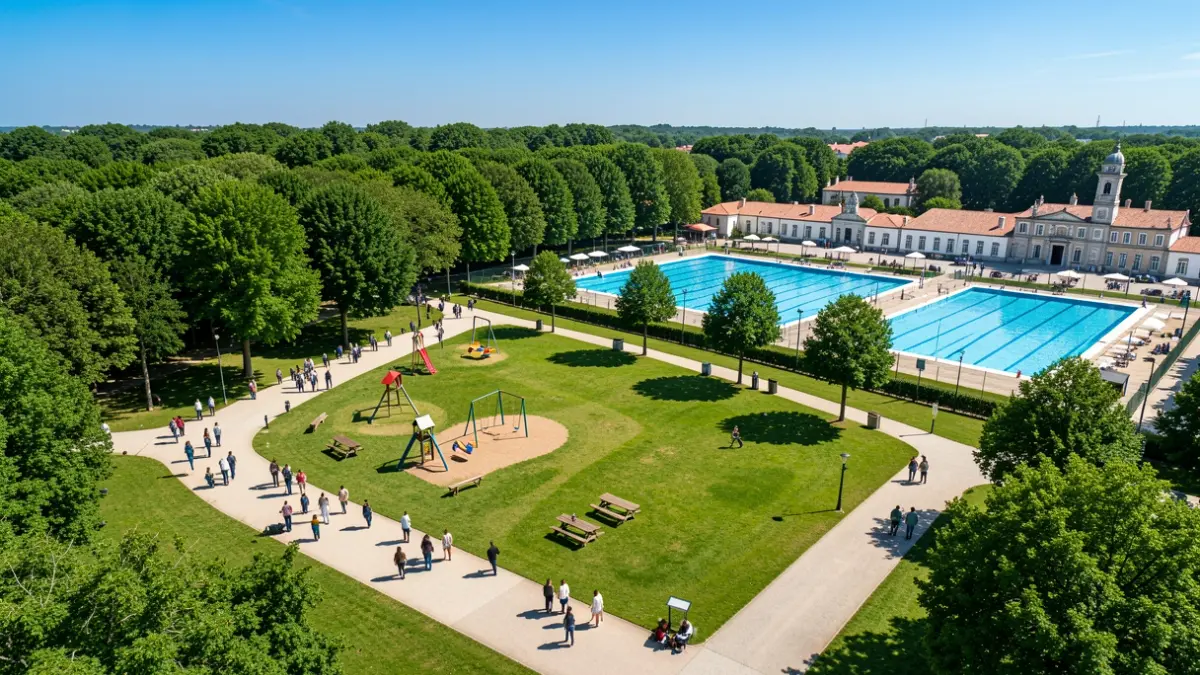Vista aérea de um novo parque multifuncional em Amarante, com áreas verdes, parque infantil e de merendas.