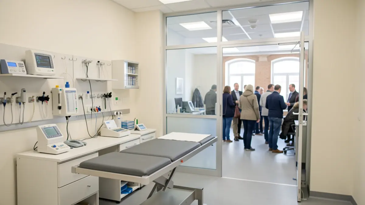 Ambiente de clínica veterinária com mesa de exames e instrumentos médicos.