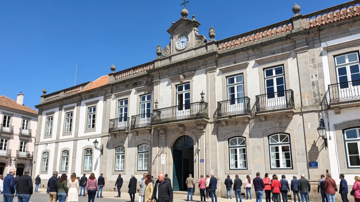 Fachada del Ayuntamiento de Angra do Heroísmo, un edificio histórico con balcones ornamentados y detalles de piedra.