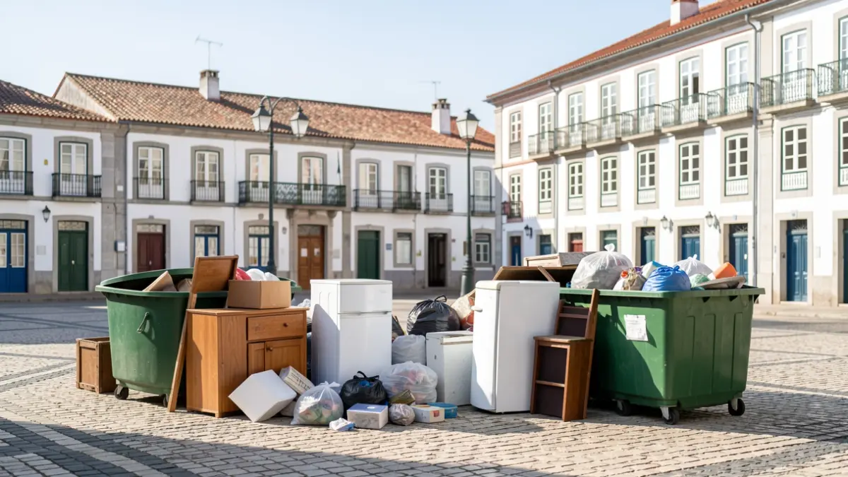 Imagen genérica de un punto de recogida de trastos viejos en Ansião, con contenedores y mobiliario urbano.