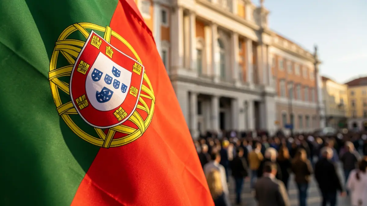 Detail of the Portuguese flag's texture with the Lisbon City Hall facade blurred in the background, afternoon light.