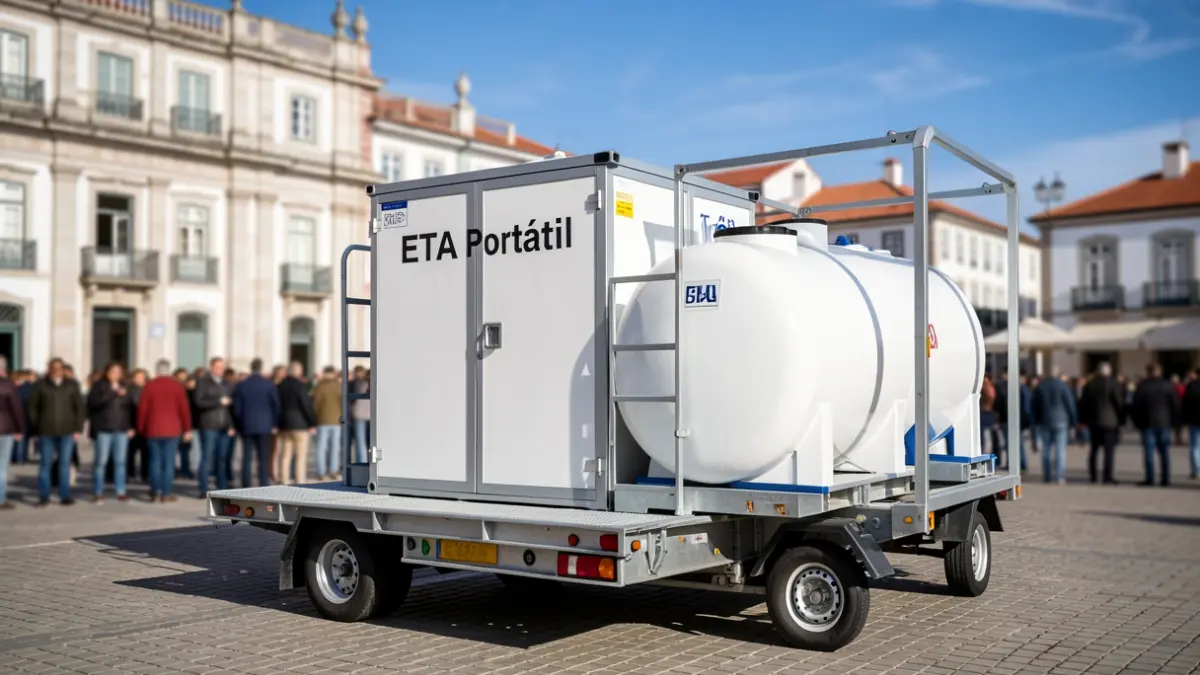 Multifunctional transport platform with portable ETA module and water tank, in front of a Portuguese municipal building.