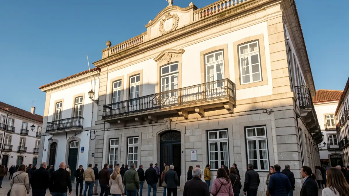 Fachada de un edificio municipal en Arouca con detalles arquitectónicos tradicionales portugueses.
