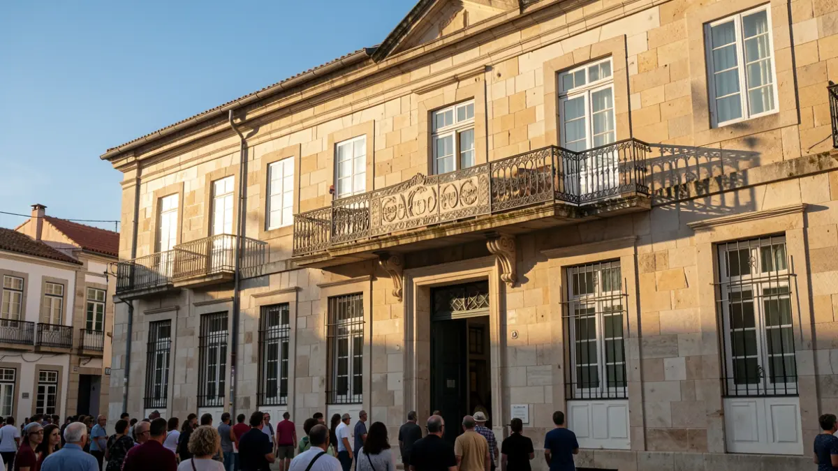 Fachada da Câmara Municipal de Arouca com varanda ornamentada e iluminação solar de tarde.