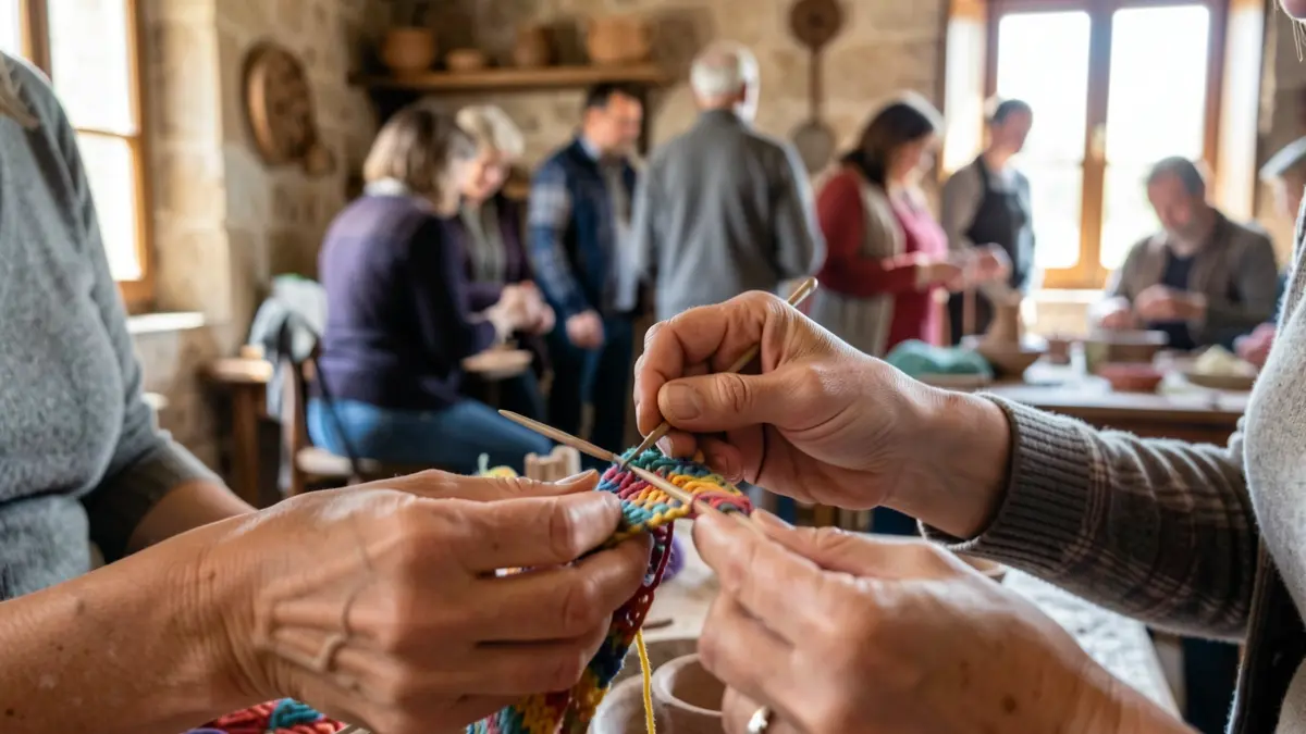Manos trabajando en actividades de artesanía en un ambiente rústico portugués, con luz natural.