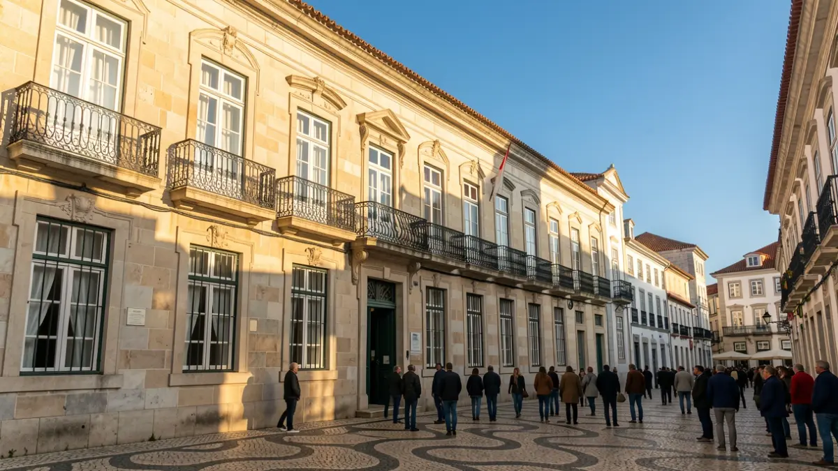 Fachada de um edifício municipal português com varandas ornamentadas e céu azul.