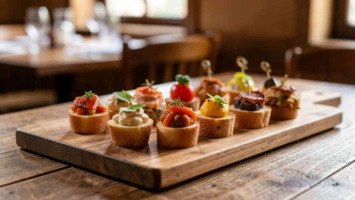 Plate of Portuguese appetizers on a rustic table, with cozy lighting.