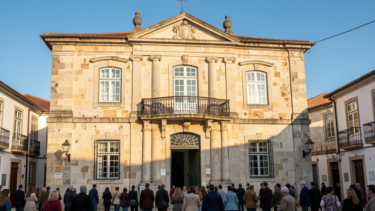 Fachada de un ayuntamiento portugués de piedra con balcón ornamentado, bajo la cálida luz del sol de la tarde.