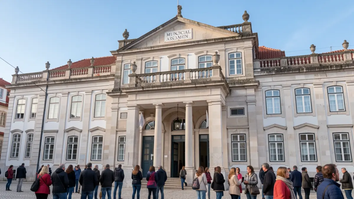 Fachada del edificio de la Asamblea Municipal de Vizela, Portugal, con elementos arquitectónicos clásicos y balcón, bajo un cielo azul claro con luz diurna suave.