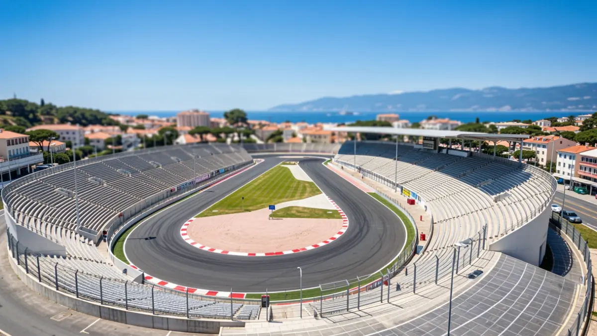 Vista aérea del Autódromo de Estoril, en Portugal, con las gradas vacías y la pista de asfalto.