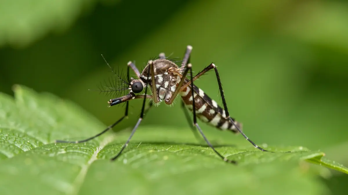 Close-up image of an Aedes albopictus mosquito on green leaves.