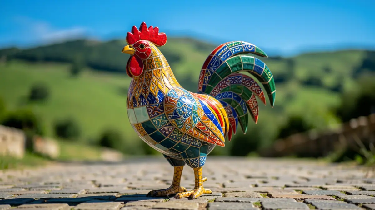 Um Galo de Barcelos estilizado feito de azulejos coloridos, sobre um caminho de calçada portuguesa.