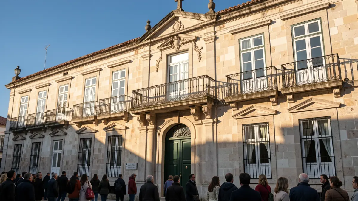 Fachada de um edifício municipal em Barreiro, Portugal, ao entardecer.
