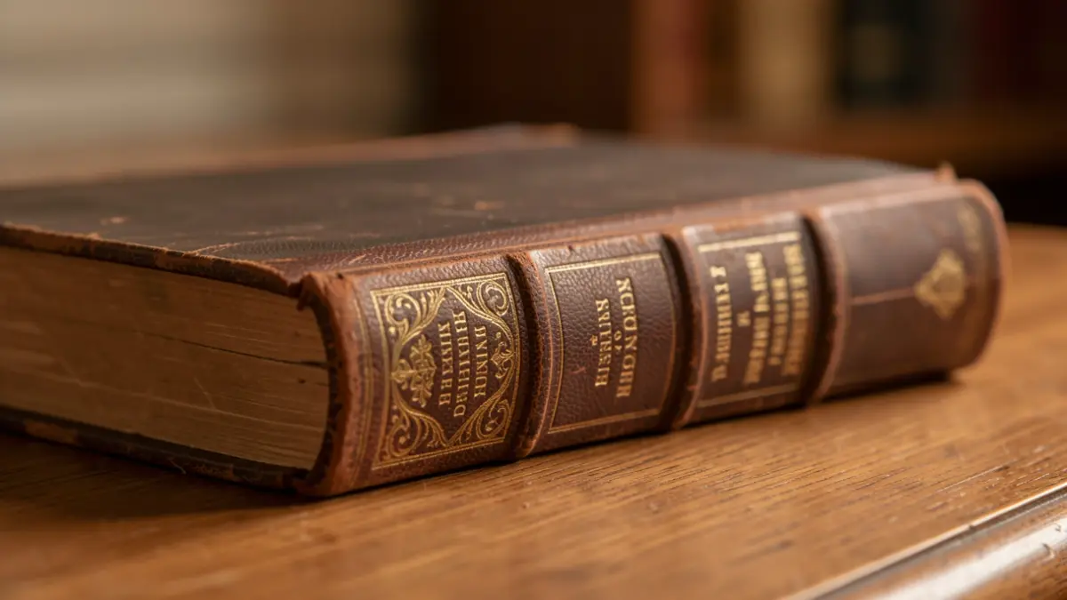 Image of an old book with gold lettering on the spine, on a wooden desk, with soft light.