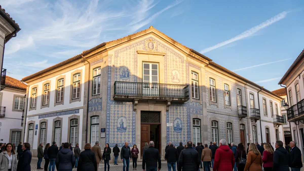 Facade of a municipal building in Benavente with traditional azulejo tiles.