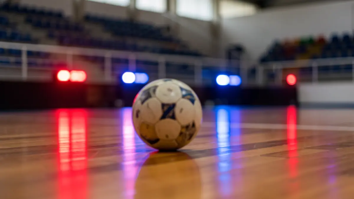 Imagem genérica de uma bola de futsal num pavilhão desportivo português com luzes de emergência.