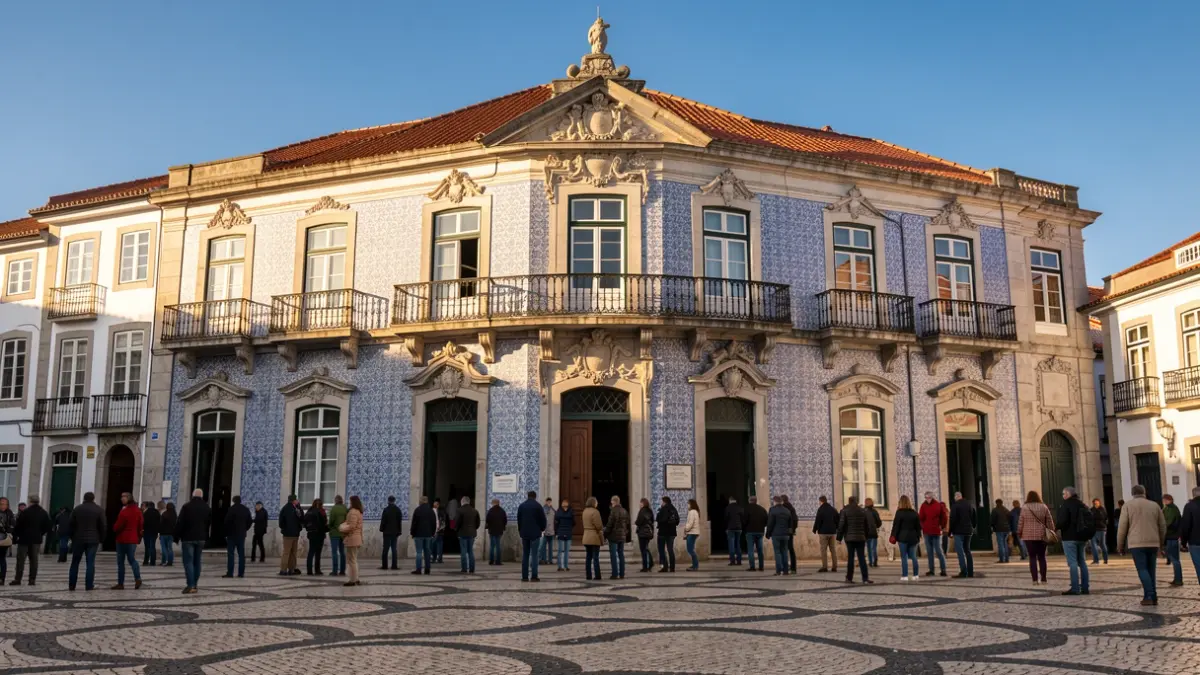 Fachada de un ayuntamiento portugués con azulejos y balcones ornamentados.