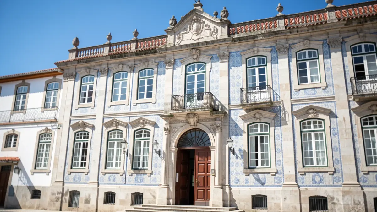 Facade of the Municipal Library of Viseu, a historic building with traditional Portuguese architecture.
