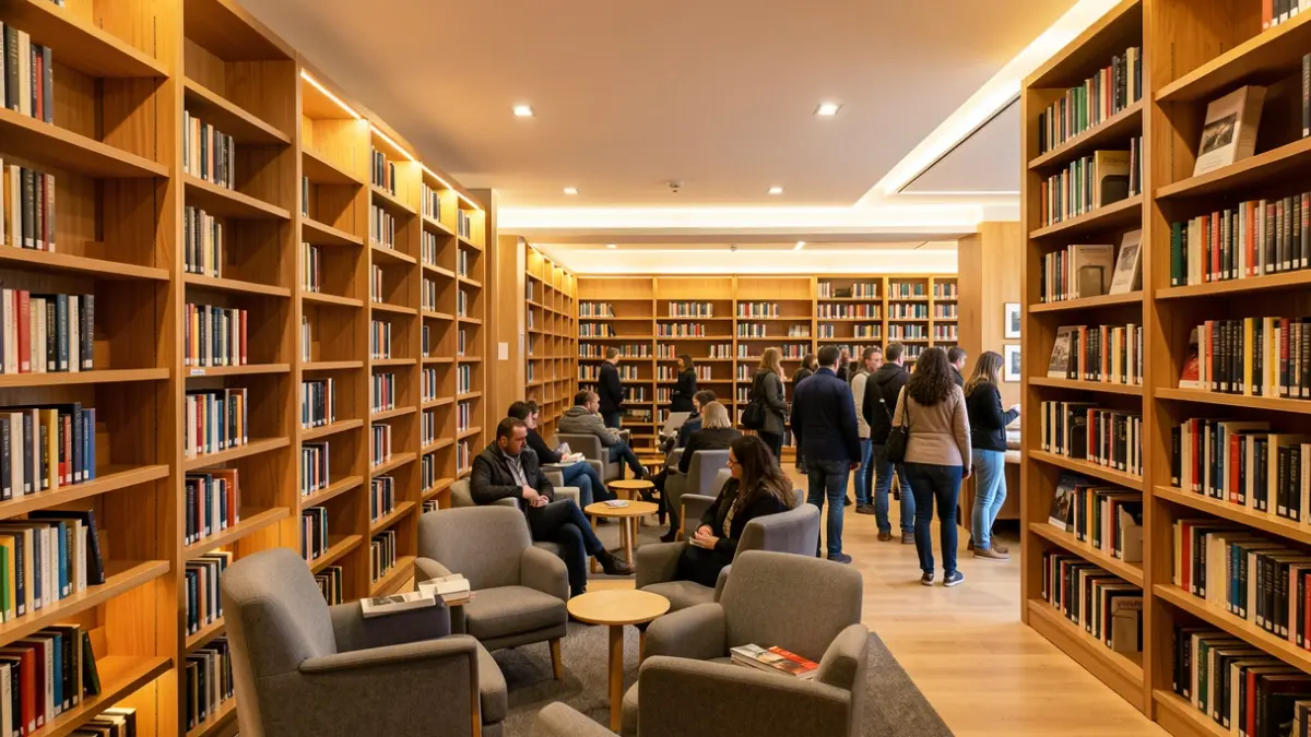Interior de la Biblioteca Municipal de Faro con estanterías de libros y ambiente acogedor para la lectura.