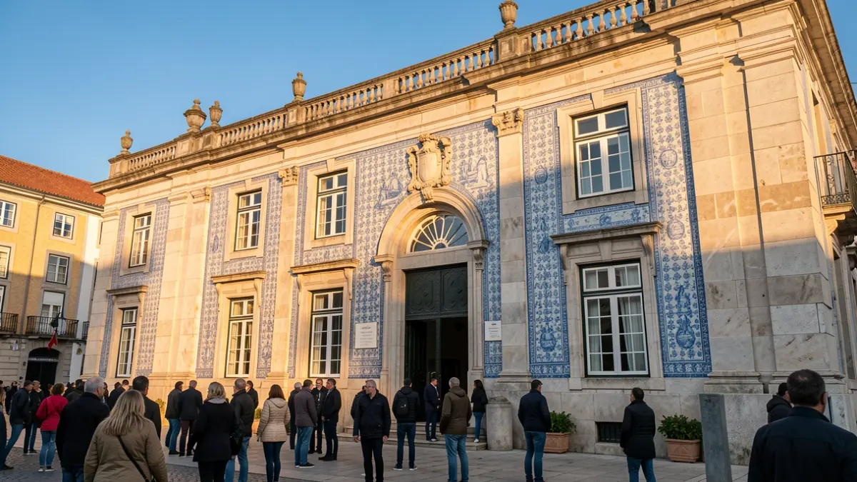 Fachada de uma biblioteca municipal portuguesa com azulejos tradicionais e arquitetura em pedra, luz quente da tarde, céu azul.