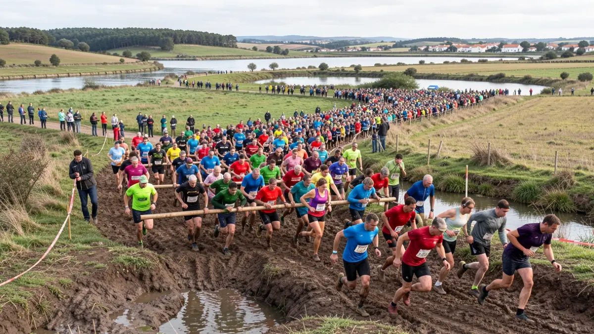 Imagem de milhares de atletas a participar numa corrida de obstáculos com paisagens naturais no Baixo Vouga Lagunar.