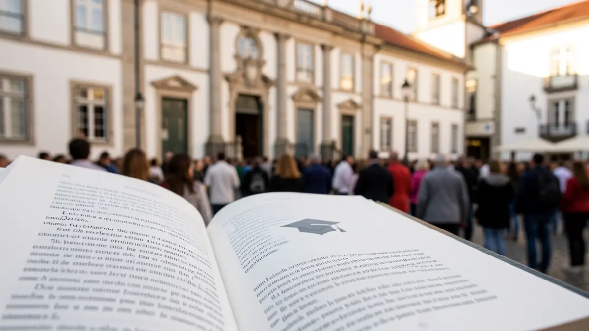 Imagem genérica de um livro aberto com um ícone de chapéu de formatura, em frente a uma fachada de edifício municipal.