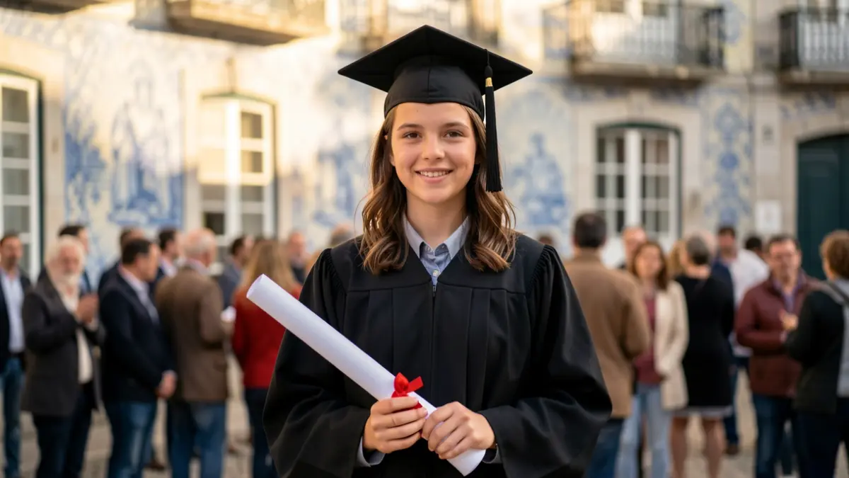 Imagen de un estudiante con toga y birrete frente a arquitectura portuguesa con azulejos.
