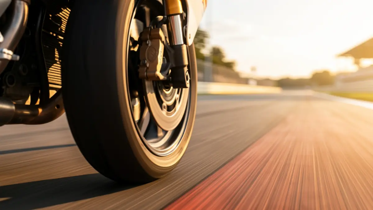 Imagen genérica de un neumático de motocicleta en una pista de carreras.