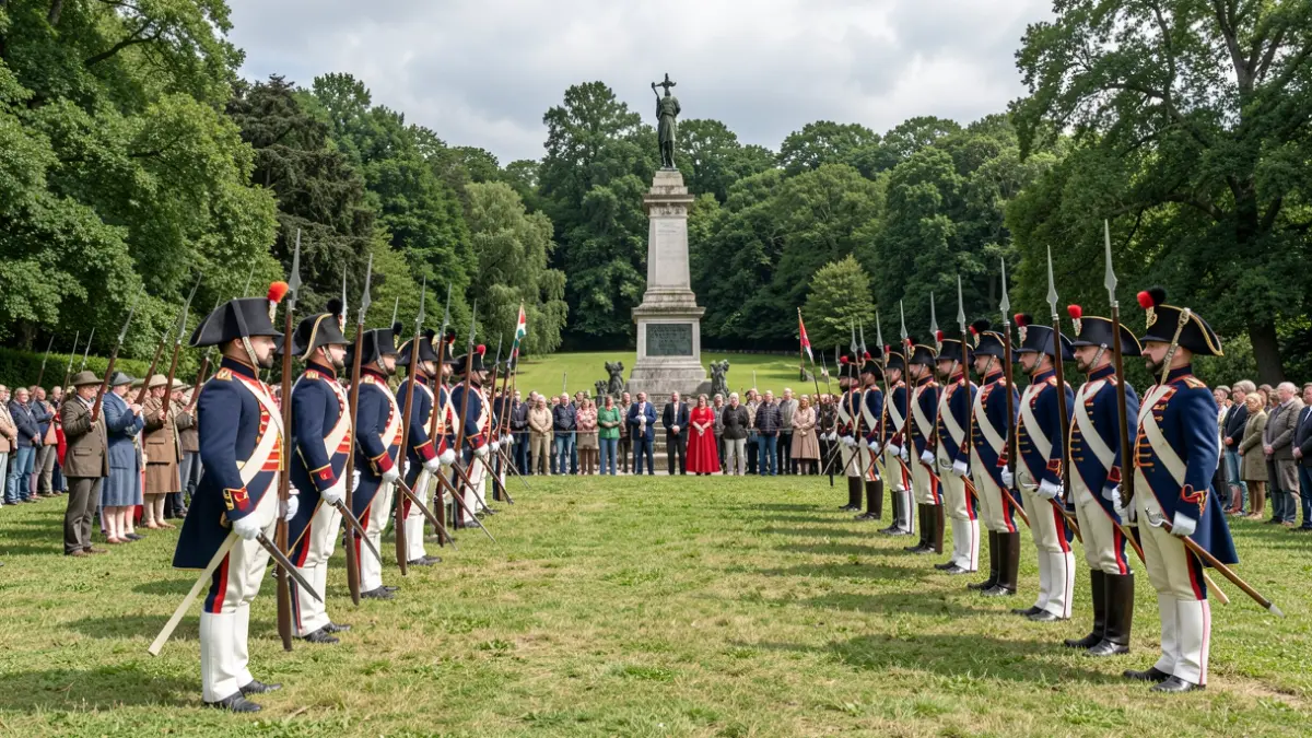 Reencenação histórica da Batalha do Bussaco com soldados europeus em uniformes de época, celebrando a paz.