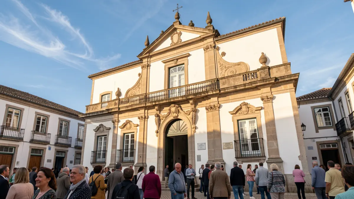 Facade of a municipal building in Belmonte, Portugal, with stone details and a balcony, under afternoon sunlight.