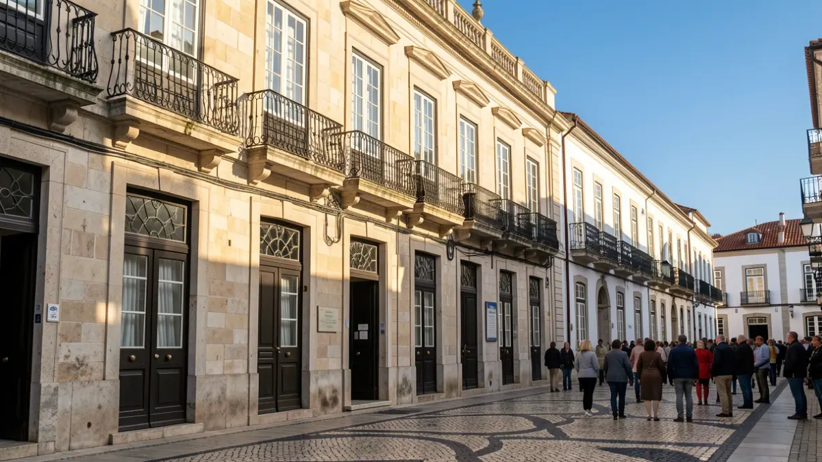 Fachada de un edificio municipal en Bragança con detalles arquitectónicos tradicionales portugueses.