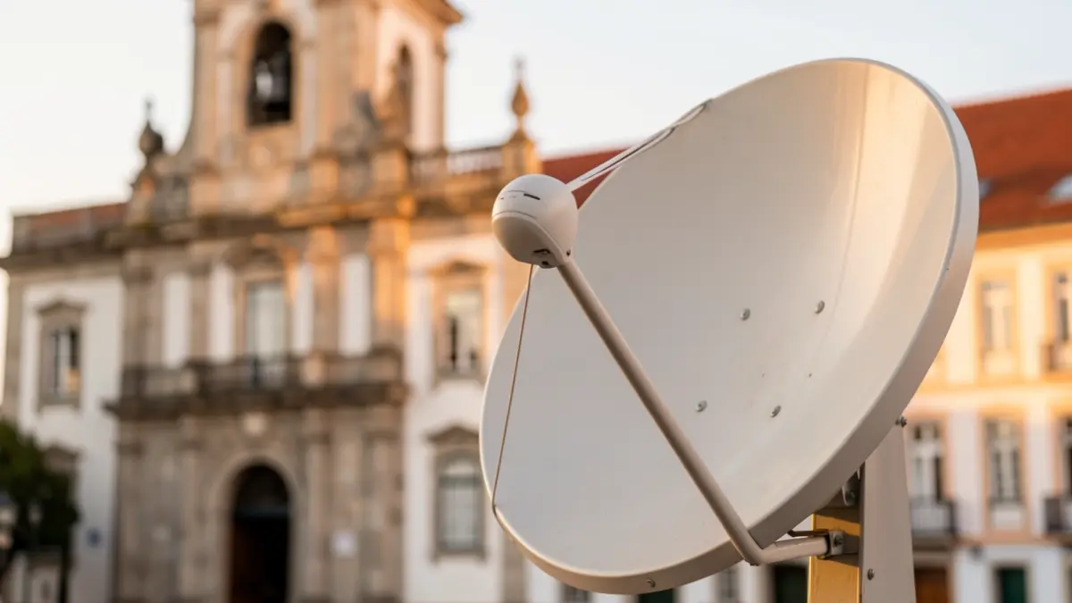 Imagem de uma antena parabólica Starlink em primeiro plano, com a fachada de um edifício municipal português desfocada ao fundo, simbolizando tecnologia e comunicação.