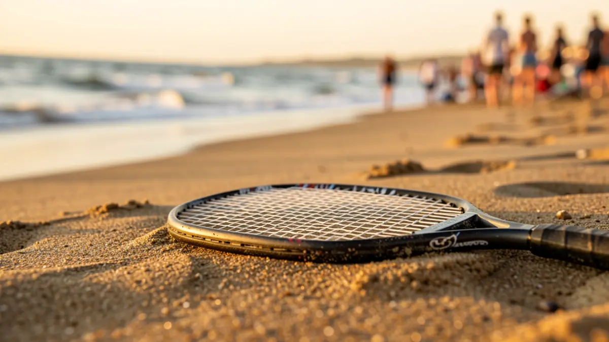Close-up of a beach tennis racket on wet sand, with blurred ocean waves in the background at sunset.