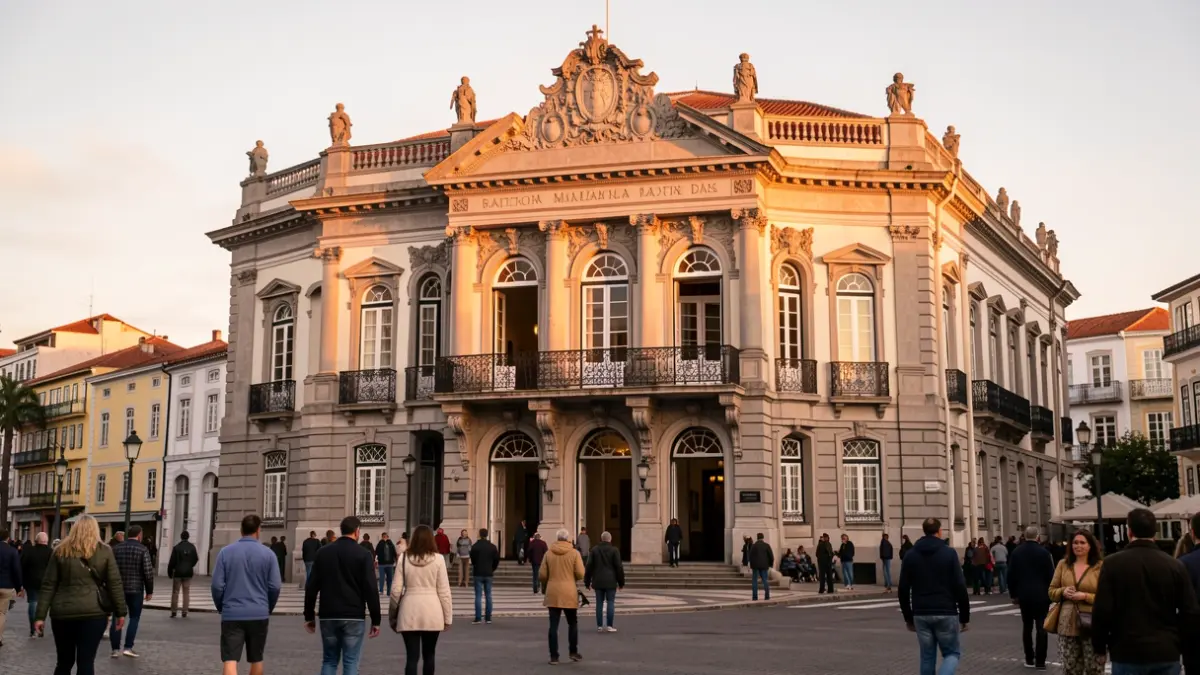 Facade of the Municipal Theatre Baltazar Dias in Funchal, Madeira, with ornate architectural details and late afternoon light.