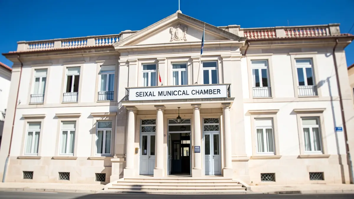 Fachada del Ayuntamiento de Seixal, un edificio público con señalización clara.