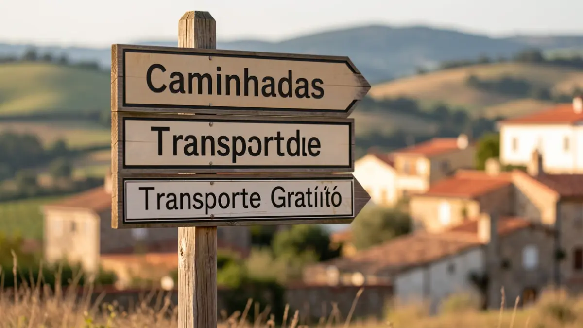 Sign indicating walks and free transport in a Portuguese rural landscape.